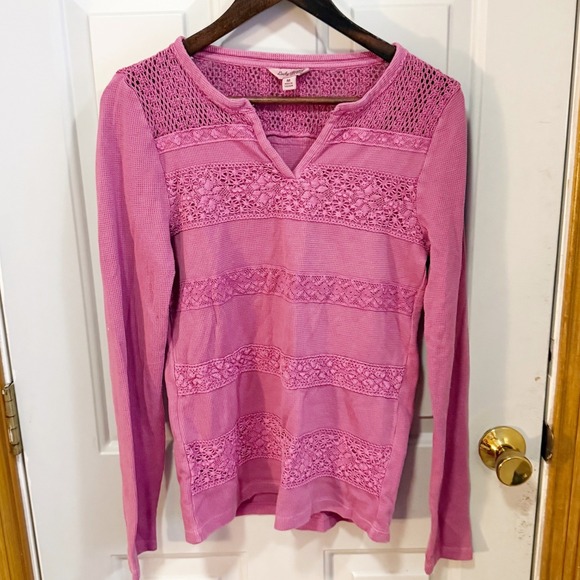 Lucky Brand Tops - Lucky Brand Thermal Top Women Medium Pink Crochet Lace Waffle Knit Long Sleeve